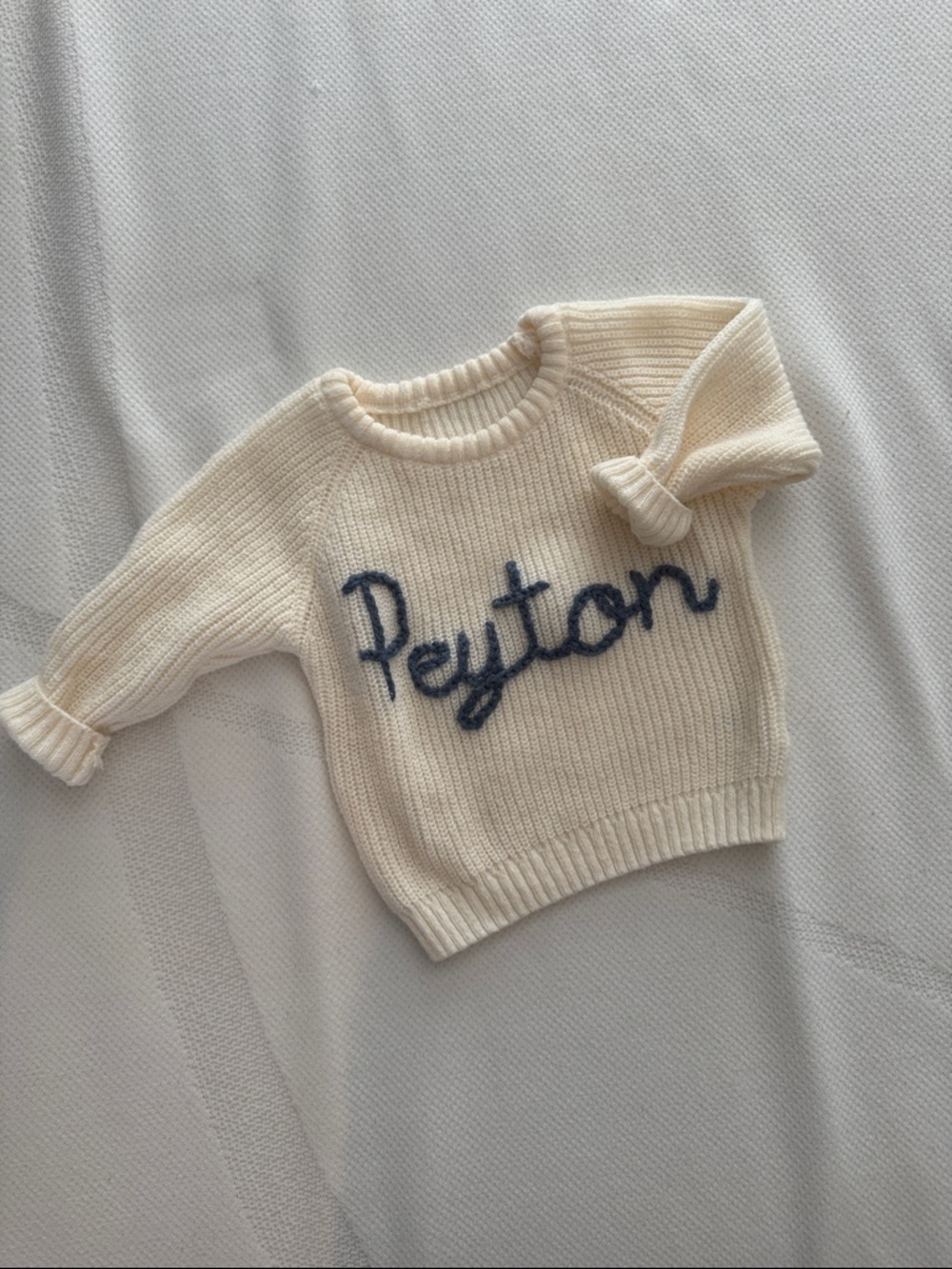 Handmade Cream Knit Sweater with Navy 'Peyton' Script - 3T